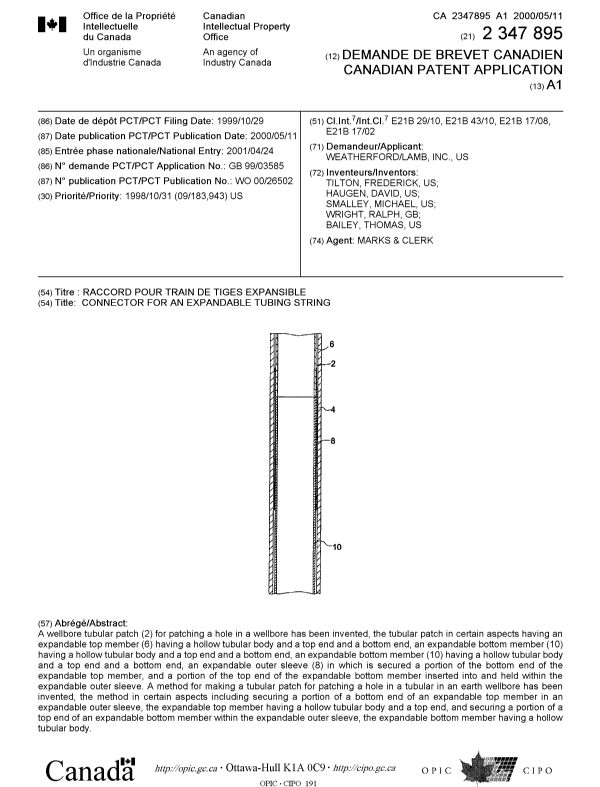 Document de brevet canadien 2347895. Page couverture 20011011. Image 1 de 1