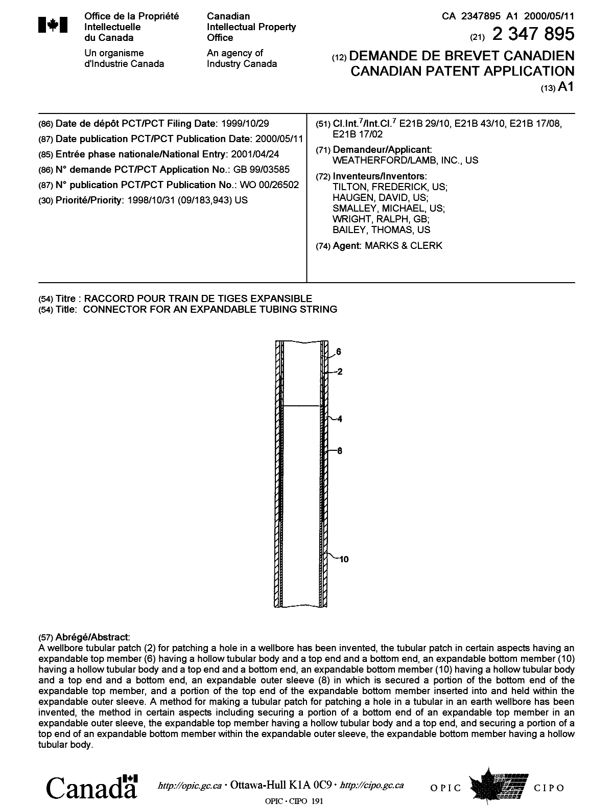 Canadian Patent Document 2347895. Cover Page 20011011. Image 1 of 1