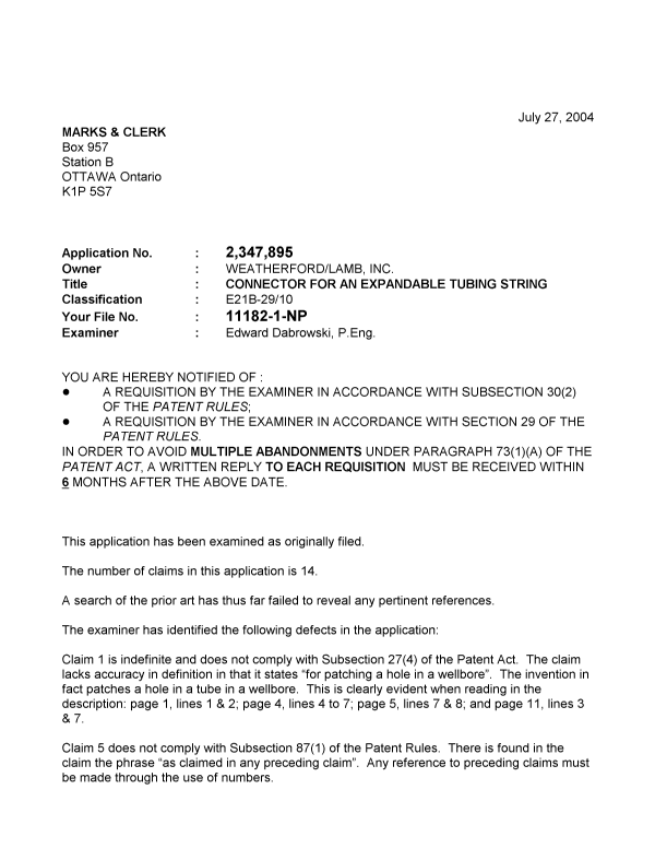 Document de brevet canadien 2347895. Poursuite-Amendment 20040727. Image 1 de 2
