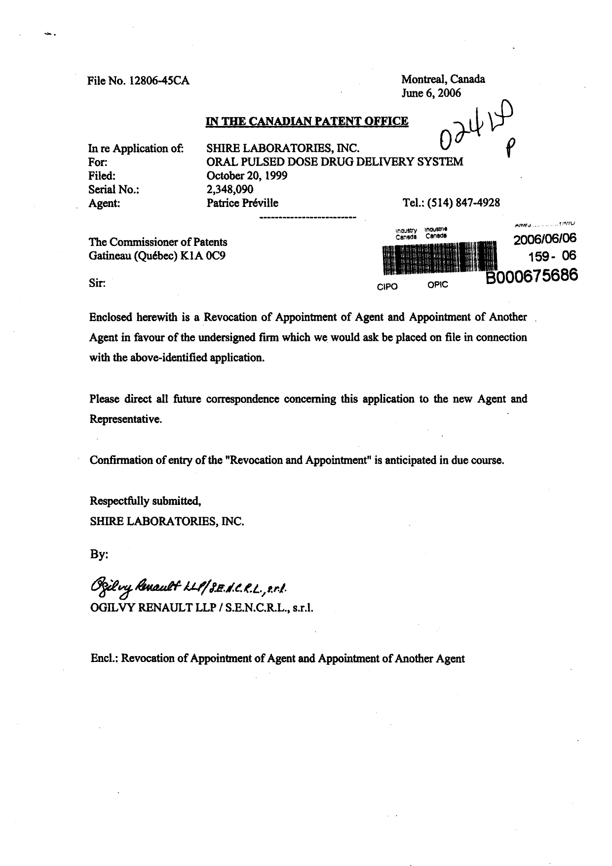 Document de brevet canadien 2348090. Correspondance 20051206. Image 1 de 2