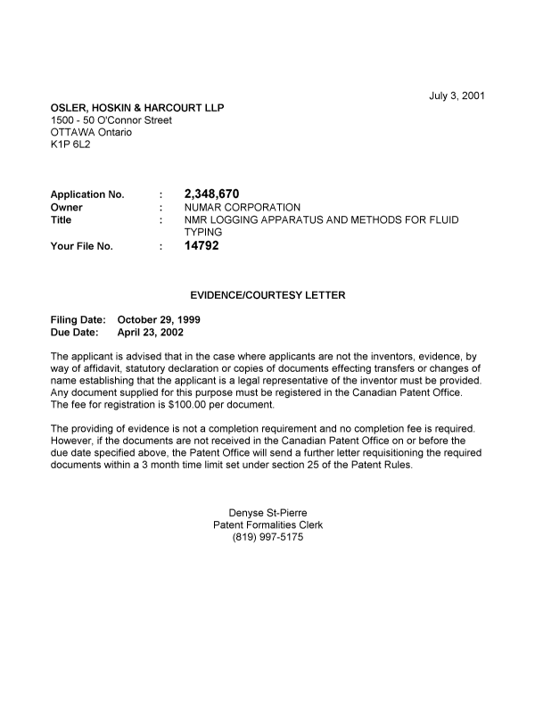 Document de brevet canadien 2348670. Correspondance 20010628. Image 1 de 1