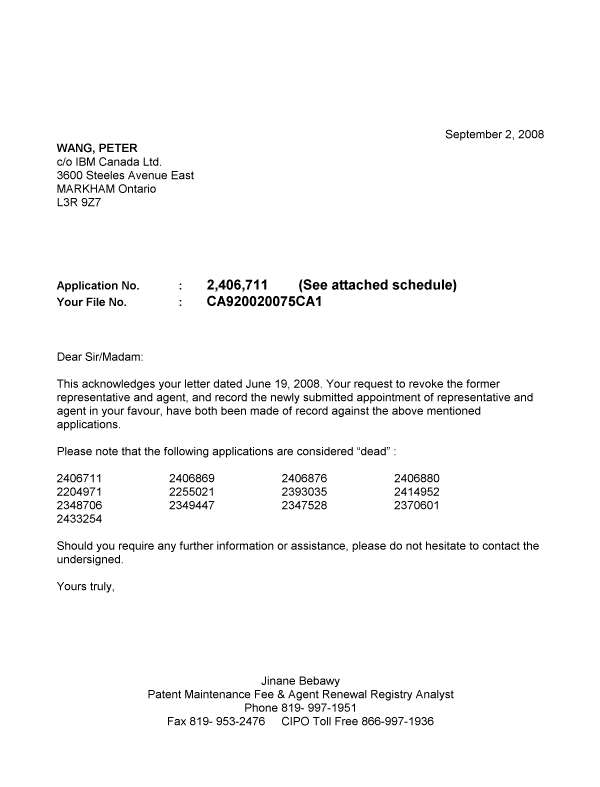 Document de brevet canadien 2348706. Correspondance 20080902. Image 1 de 1
