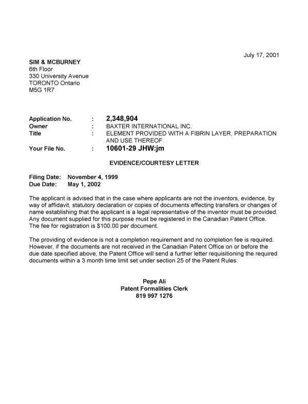 Document de brevet canadien 2348904. Correspondance 20010712. Image 1 de 1