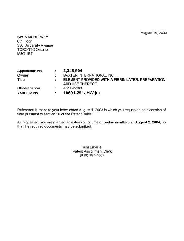 Canadian Patent Document 2348904. Correspondence 20030814. Image 1 of 1