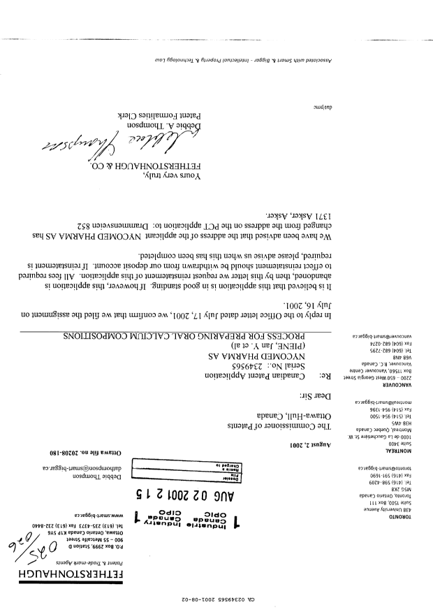 Document de brevet canadien 2349565. Correspondance 20001202. Image 1 de 1