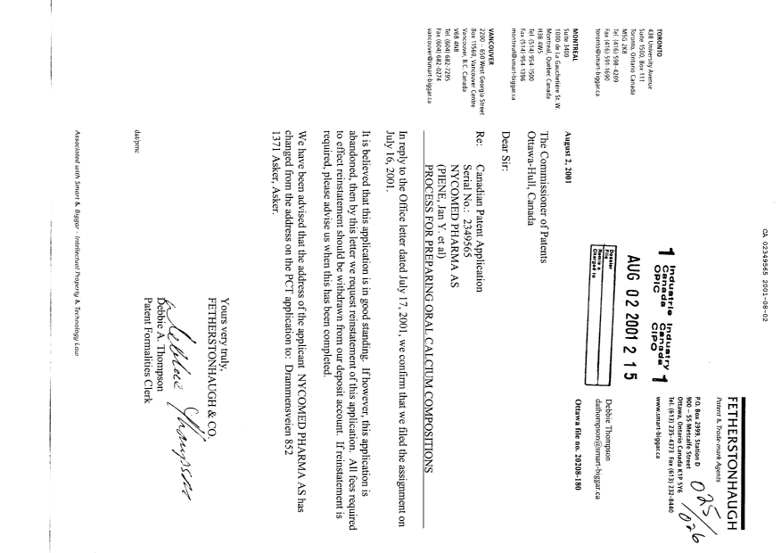 Document de brevet canadien 2349565. Correspondance 20001202. Image 1 de 1