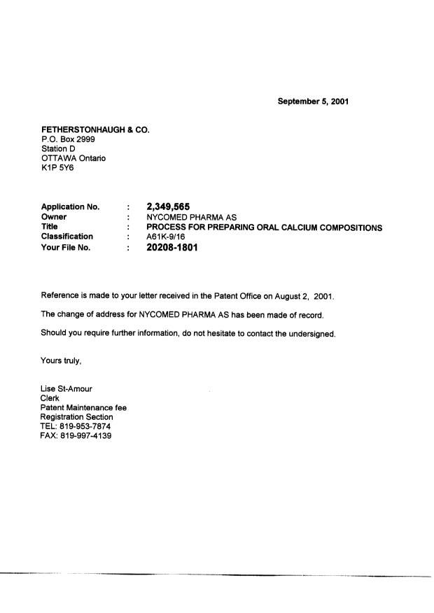 Canadian Patent Document 2349565. Correspondence 20001205. Image 1 of 1