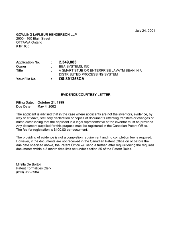 Canadian Patent Document 2349883. Correspondence 20001218. Image 1 of 1