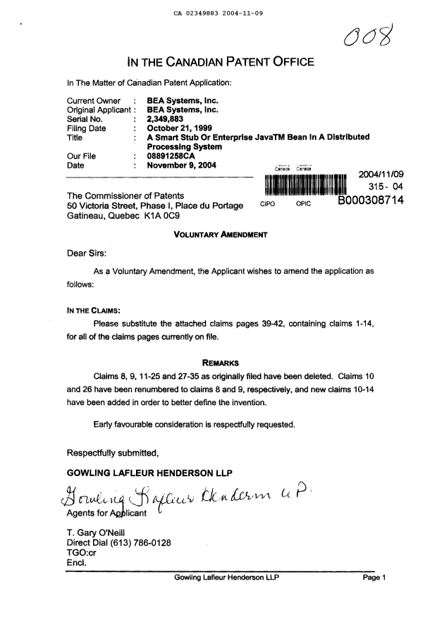Canadian Patent Document 2349883. Prosecution-Amendment 20031209. Image 1 of 5