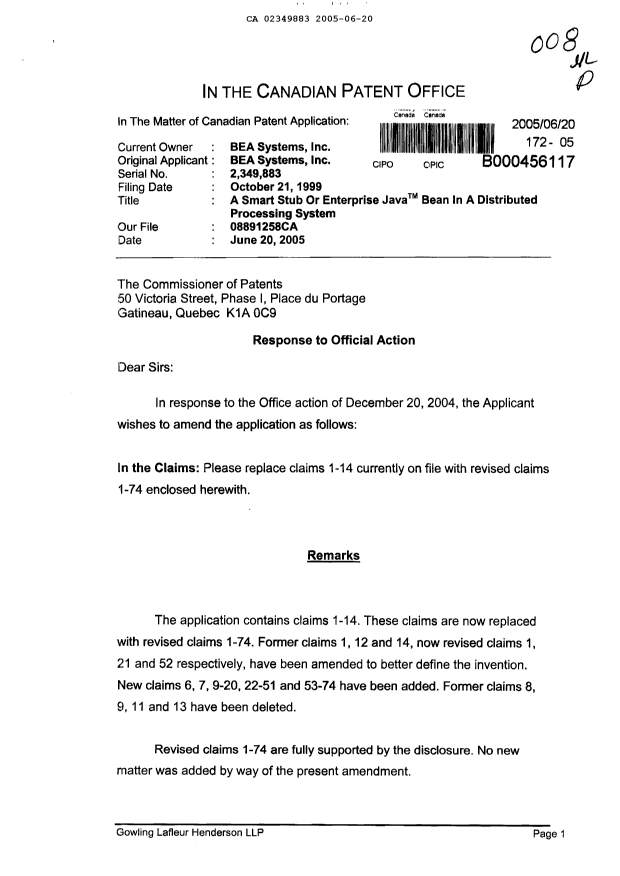 Canadian Patent Document 2349883. Prosecution-Amendment 20041220. Image 1 of 16