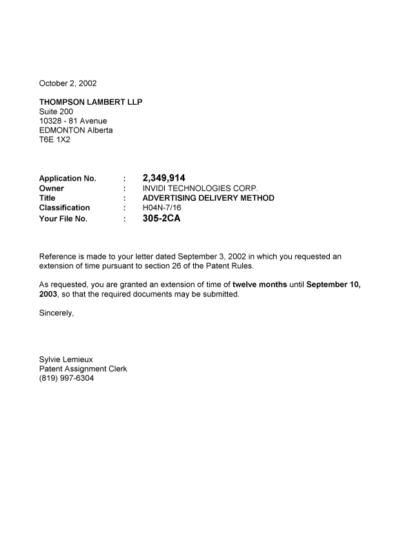 Canadian Patent Document 2349914. Correspondence 20011202. Image 1 of 1