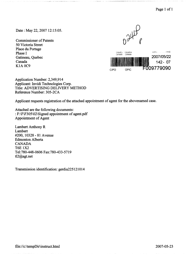 Canadian Patent Document 2349914. Correspondence 20061222. Image 1 of 2