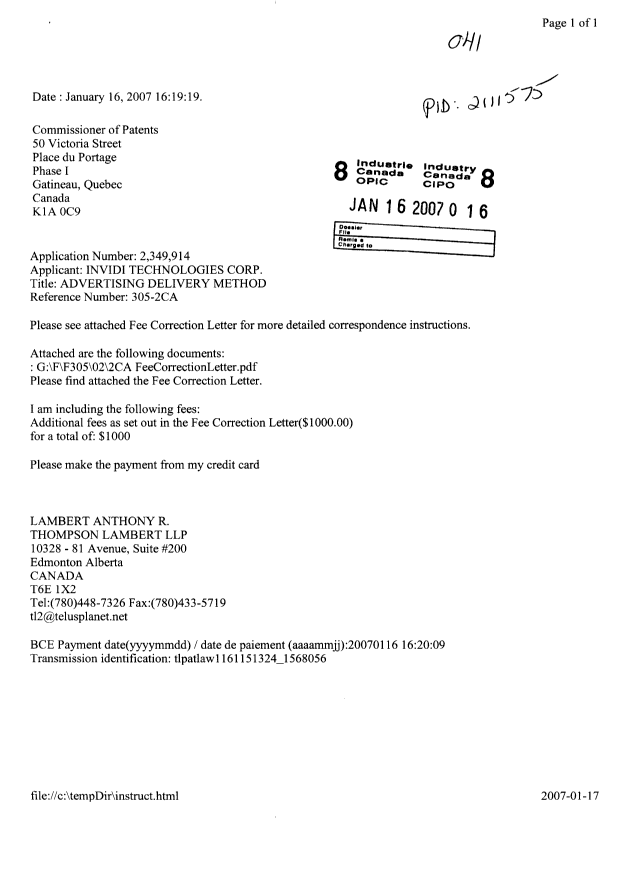 Document de brevet canadien 2349914. Poursuite-Amendment 20070116. Image 1 de 3
