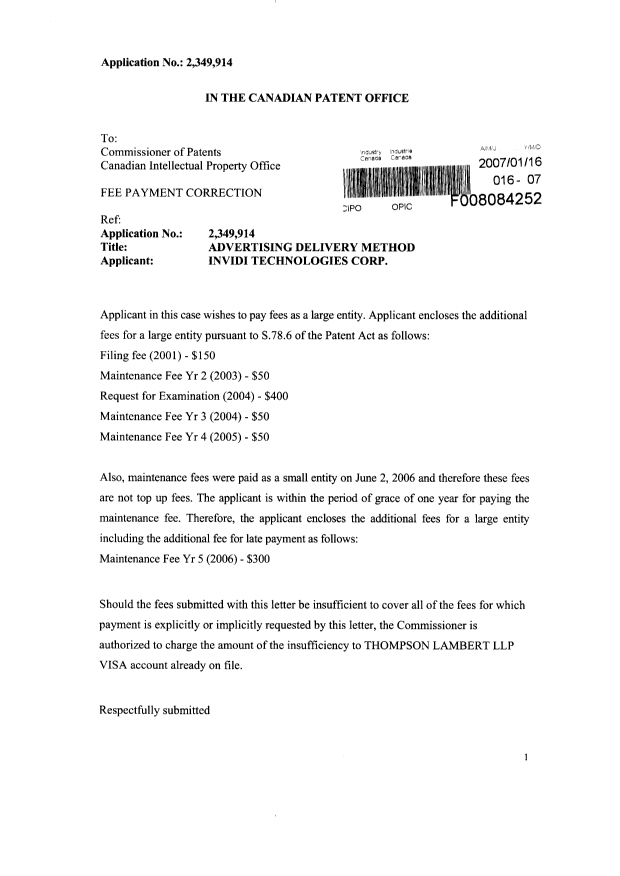 Document de brevet canadien 2349914. Poursuite-Amendment 20070116. Image 2 de 3