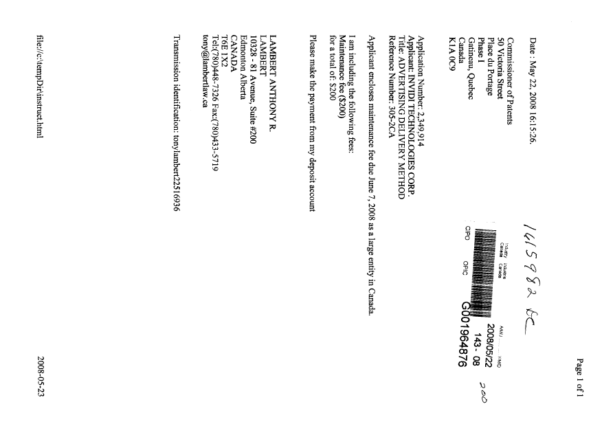 Document de brevet canadien 2349914. Taxes 20080522. Image 1 de 1
