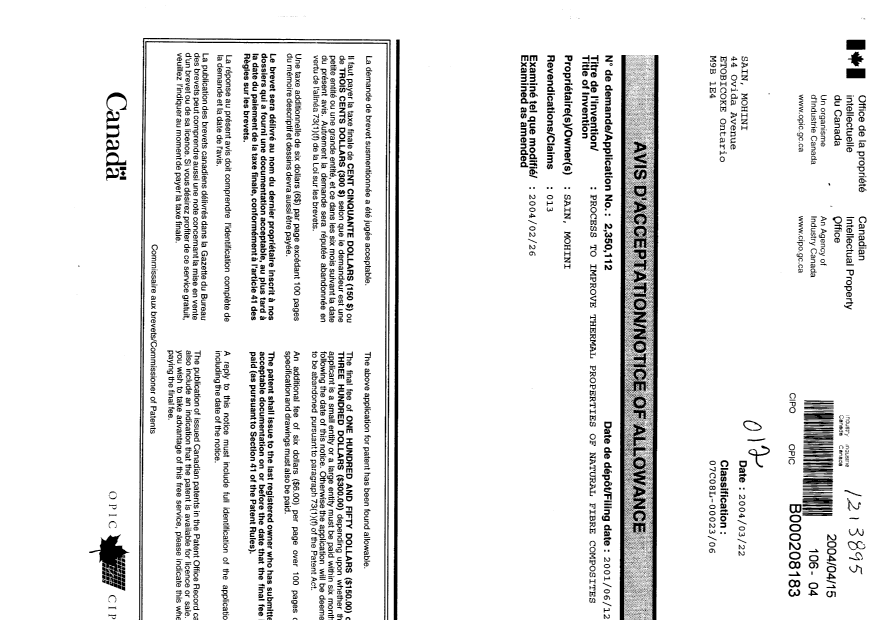 Canadian Patent Document 2350112. Correspondence 20031215. Image 1 of 1