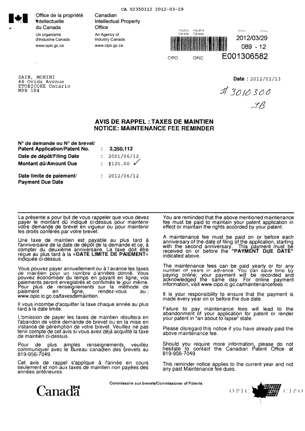 Canadian Patent Document 2350112. Fees 20111229. Image 1 of 1