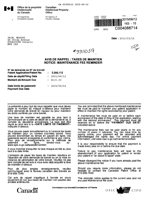Canadian Patent Document 2350112. Fees 20141212. Image 1 of 1