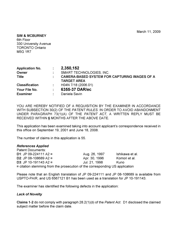 Canadian Patent Document 2350152. Prosecution-Amendment 20090311. Image 1 of 3