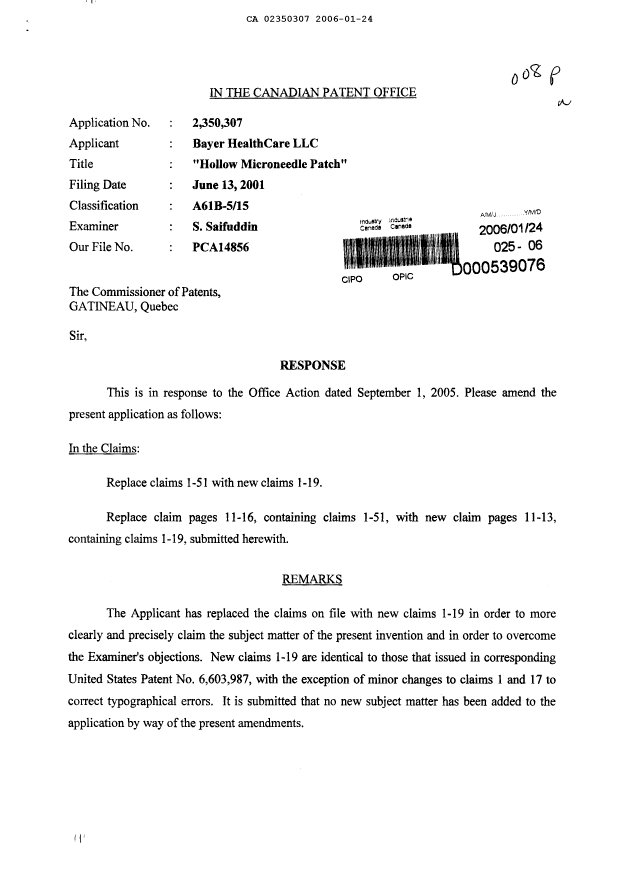 Canadian Patent Document 2350307. Prosecution-Amendment 20060124. Image 1 of 6