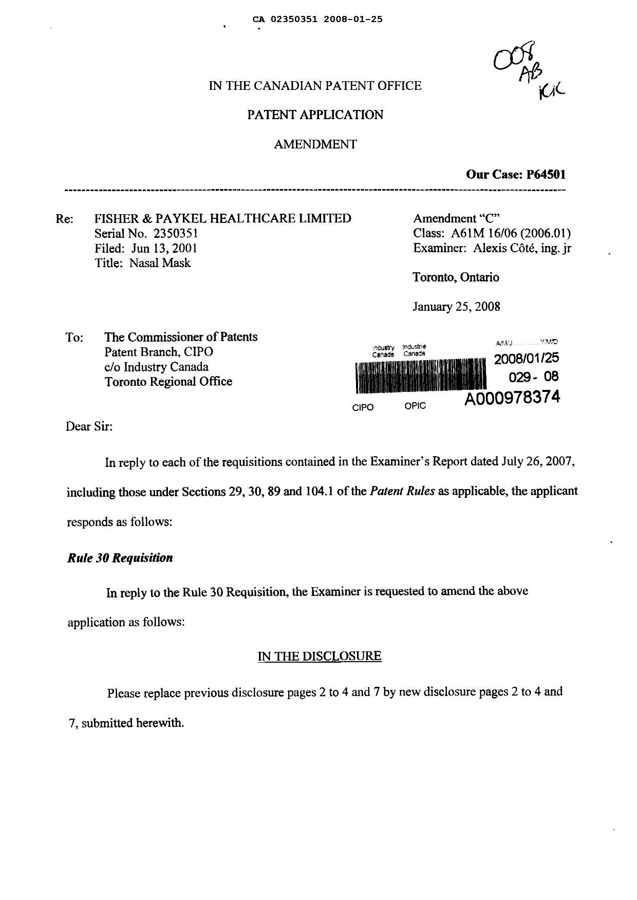 Canadian Patent Document 2350351. Prosecution-Amendment 20080125. Image 1 of 22