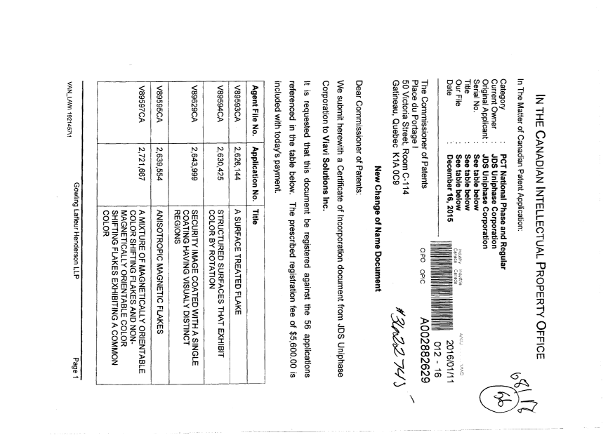Canadian Patent Document 2350606. Assignment 20160111. Image 1 of 7