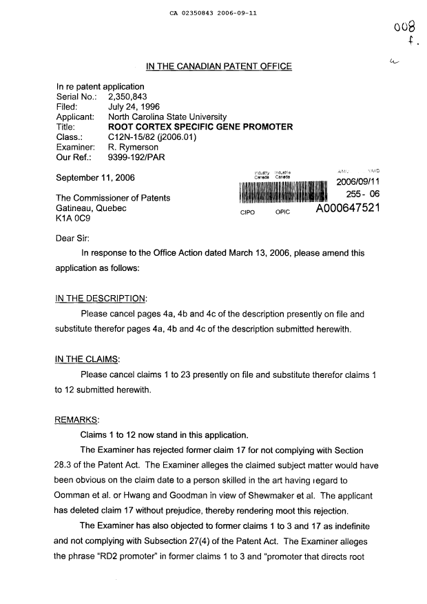 Canadian Patent Document 2350843. Prosecution-Amendment 20060911. Image 1 of 11