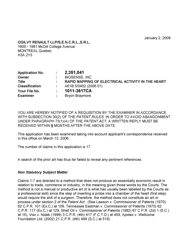 Document de brevet canadien 2351041. Poursuite-Amendment 20080102. Image 1 de 2