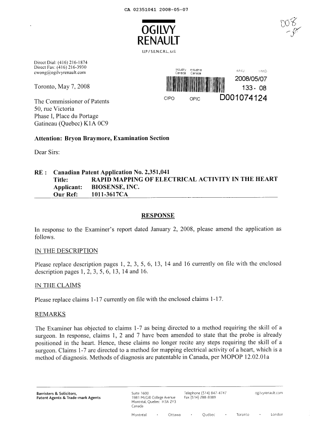 Document de brevet canadien 2351041. Poursuite-Amendment 20080507. Image 1 de 15