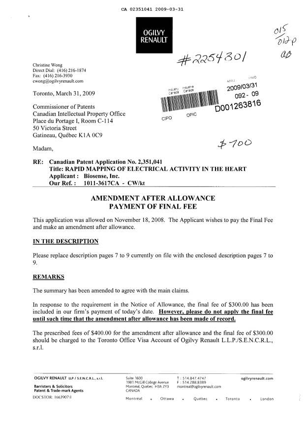 Canadian Patent Document 2351041. Correspondence 20090331. Image 1 of 2