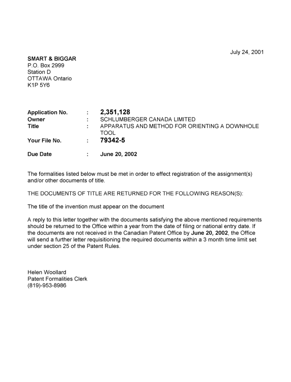 Document de brevet canadien 2351128. Correspondance 20010718. Image 1 de 1