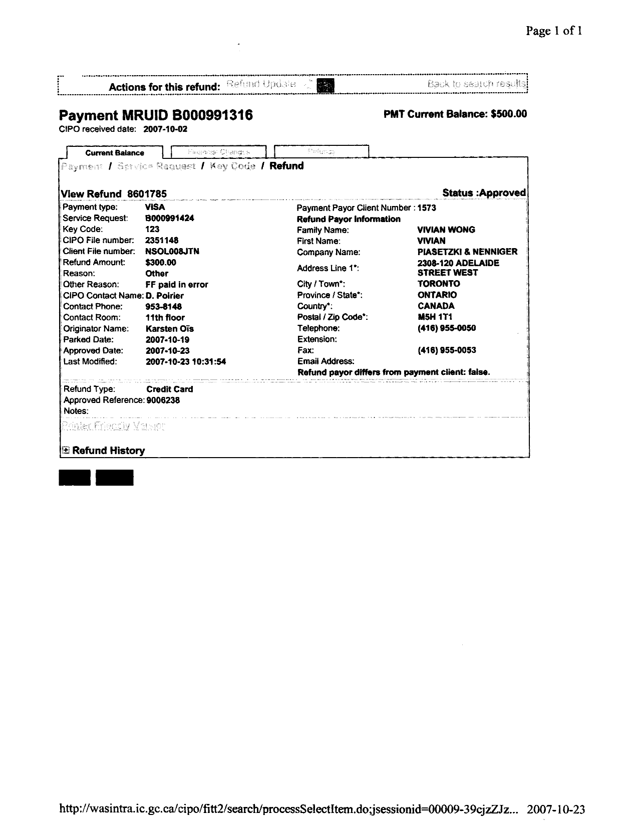 Document de brevet canadien 2351148. Correspondance 20071023. Image 1 de 3