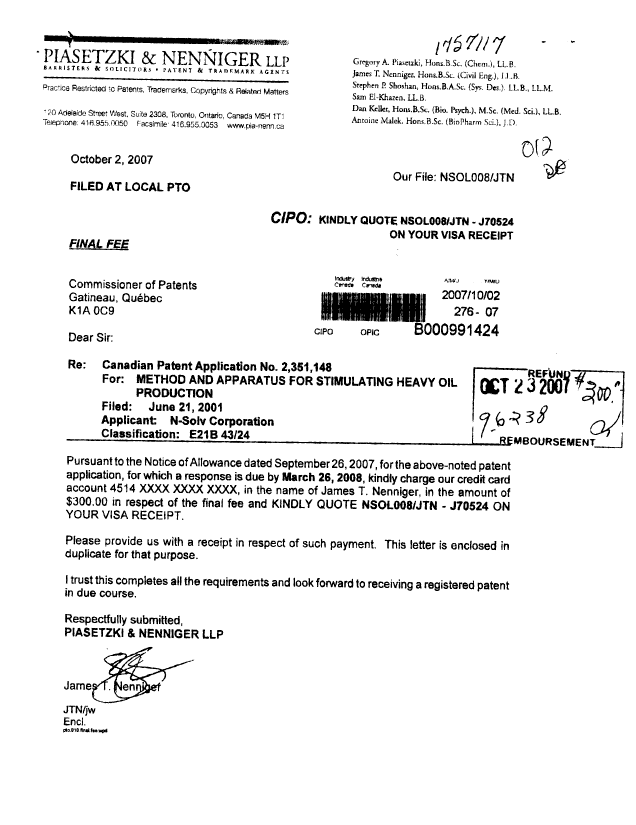 Document de brevet canadien 2351148. Correspondance 20071023. Image 2 de 3