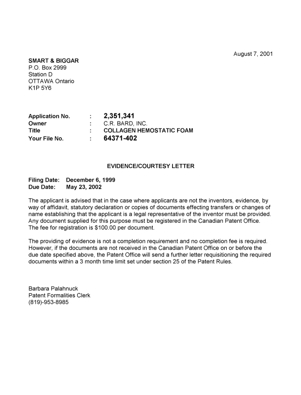 Canadian Patent Document 2351341. Correspondence 20001202. Image 1 of 1