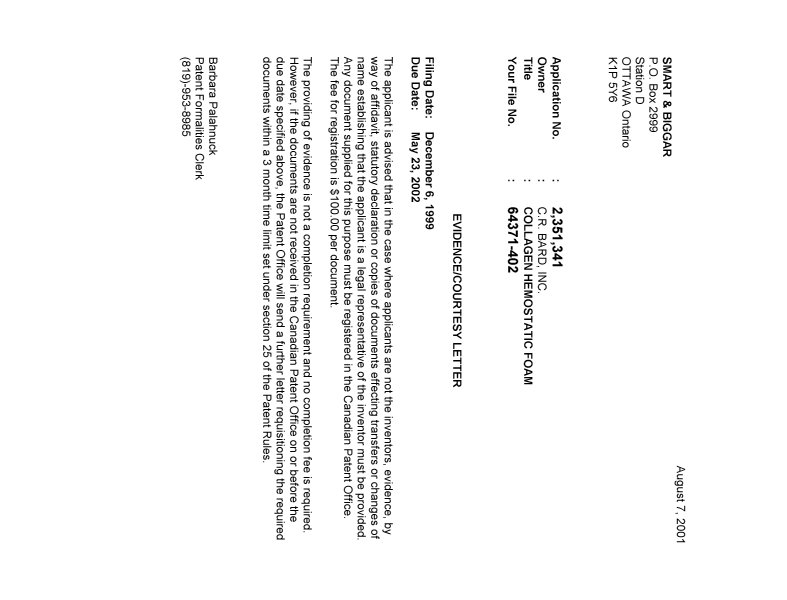 Document de brevet canadien 2351341. Correspondance 20001202. Image 1 de 1