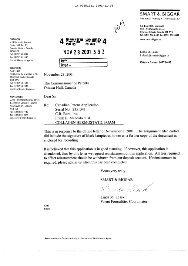 Document de brevet canadien 2351341. Cession 20011128. Image 1 de 8