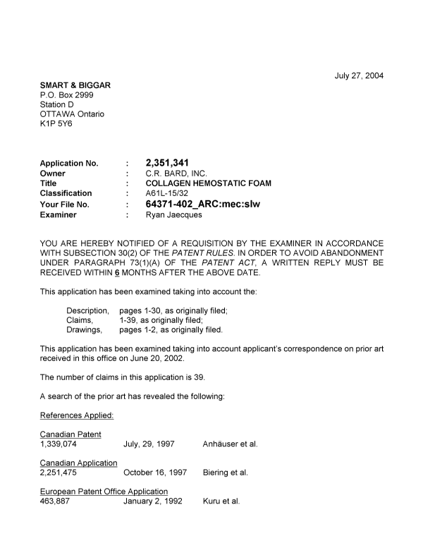 Document de brevet canadien 2351341. Poursuite-Amendment 20040727. Image 1 de 5