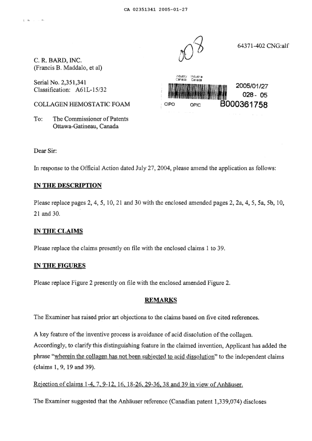 Canadian Patent Document 2351341. Prosecution-Amendment 20041227. Image 1 of 22