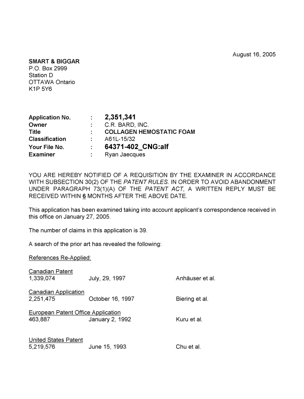 Document de brevet canadien 2351341. Poursuite-Amendment 20050816. Image 1 de 7