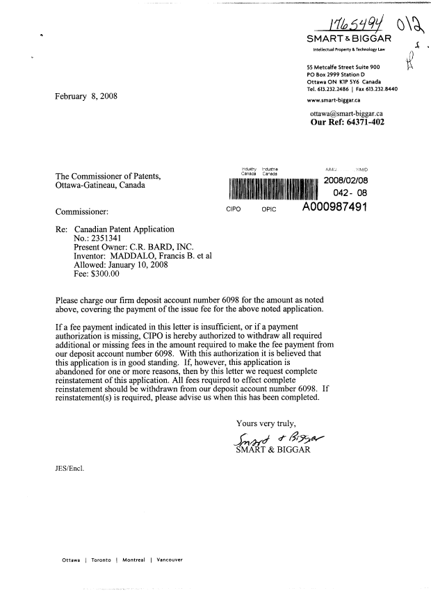 Document de brevet canadien 2351341. Correspondance 20080208. Image 1 de 1