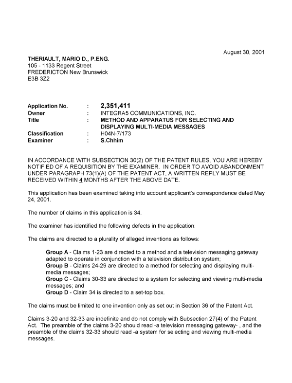 Canadian Patent Document 2351411. Prosecution-Amendment 20010830. Image 1 of 2