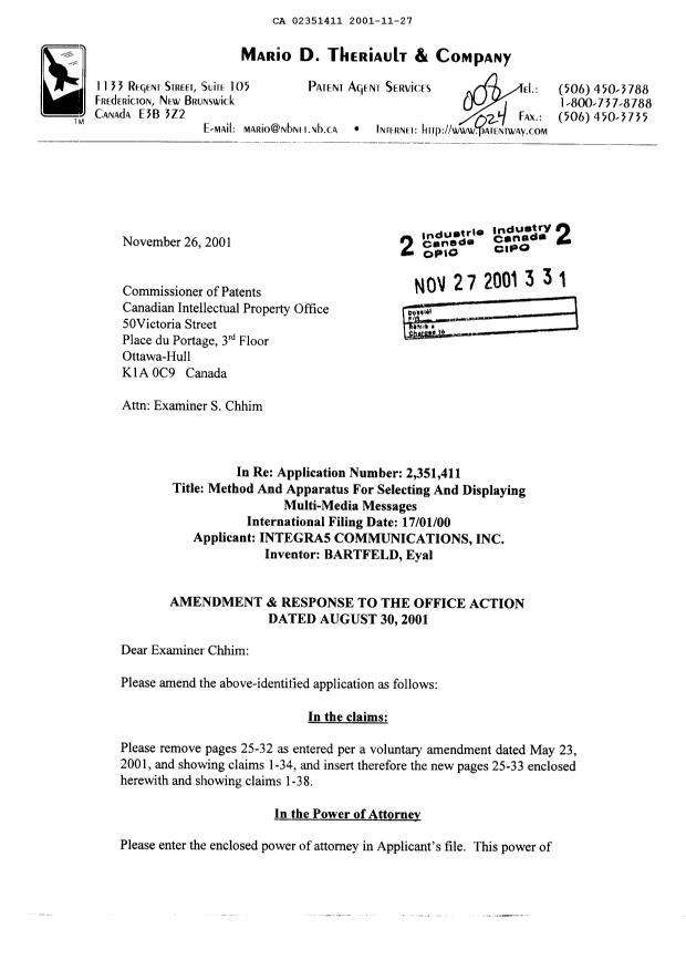 Canadian Patent Document 2351411. Prosecution-Amendment 20011127. Image 1 of 12