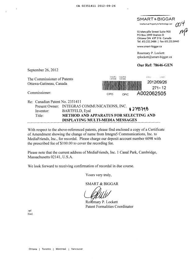 Document de brevet canadien 2351411. Cession 20120926. Image 1 de 5