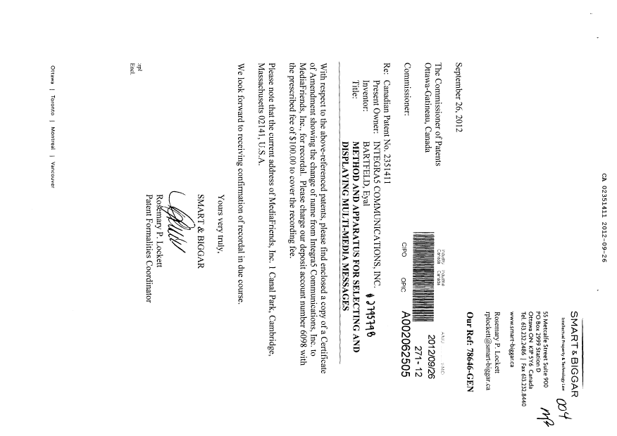 Canadian Patent Document 2351411. Assignment 20120926. Image 1 of 5