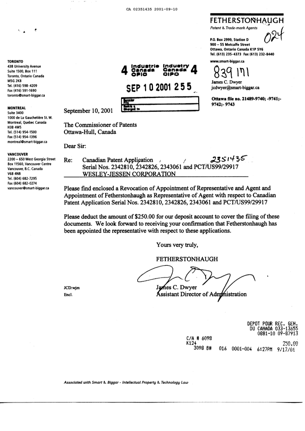 Canadian Patent Document 2351435. Correspondence 20001210. Image 1 of 3