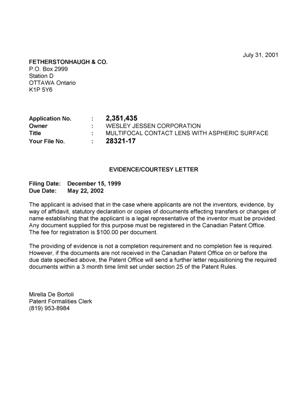 Canadian Patent Document 2351435. Correspondence 20010727. Image 1 of 1