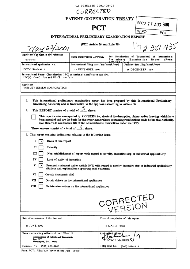 Document de brevet canadien 2351435. PCT 20010827. Image 1 de 3