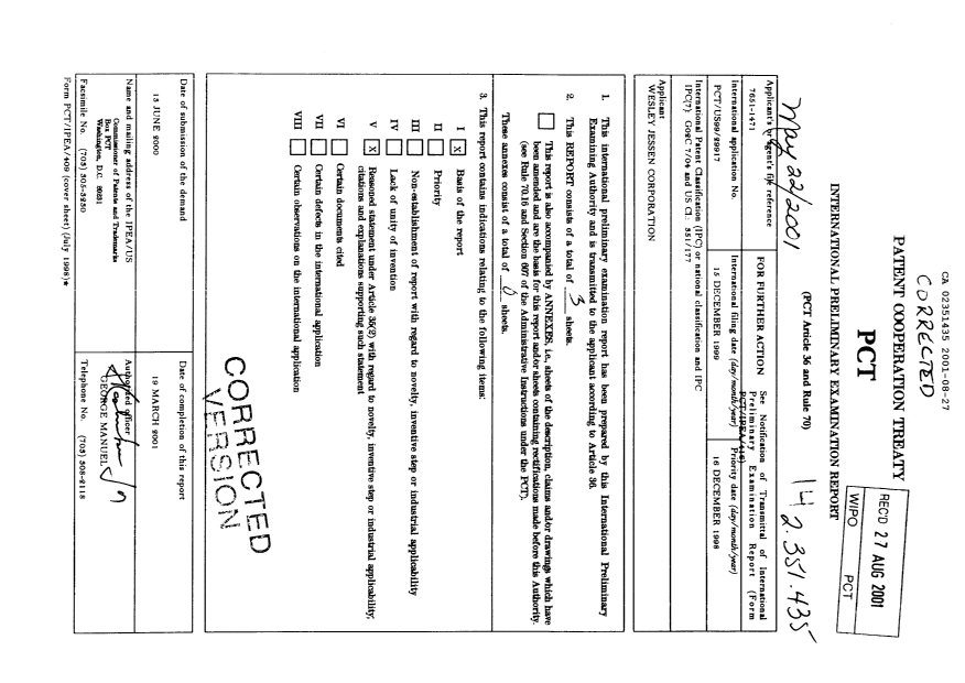 Document de brevet canadien 2351435. PCT 20010827. Image 1 de 3