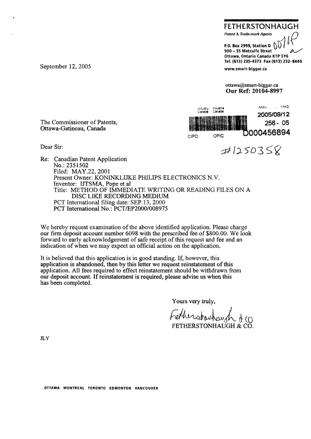 Canadian Patent Document 2351502. Prosecution-Amendment 20041212. Image 1 of 1