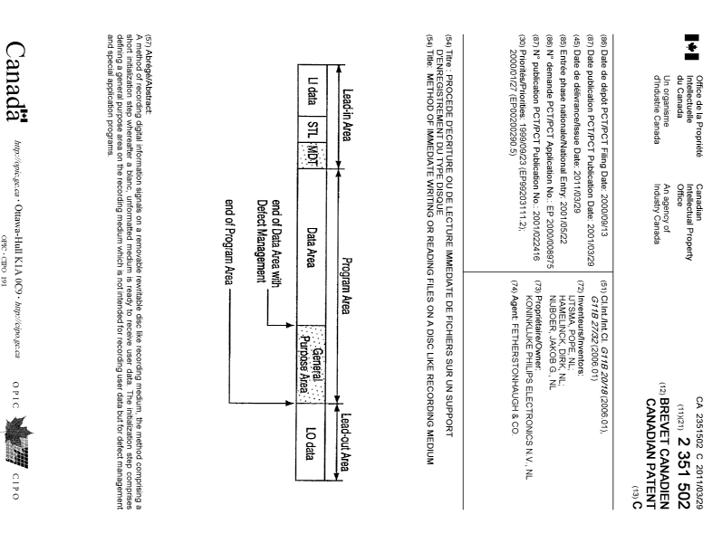 Canadian Patent Document 2351502. Cover Page 20101224. Image 1 of 1